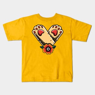 Cat Paws and Red Flower Tattoo Style Kids T-Shirt